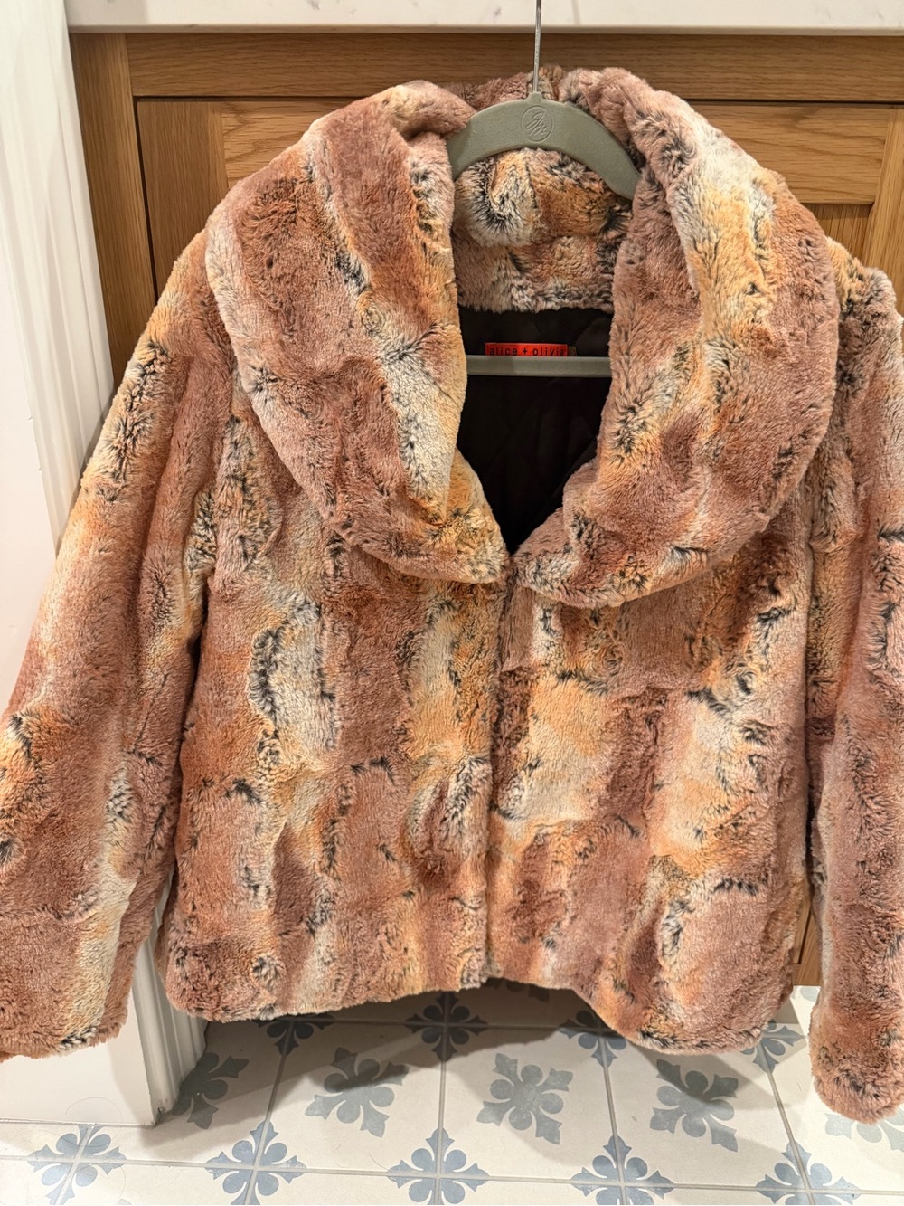 Alice + Olivia Plush Faux Fur Teddy Jacket in Tan and Cream